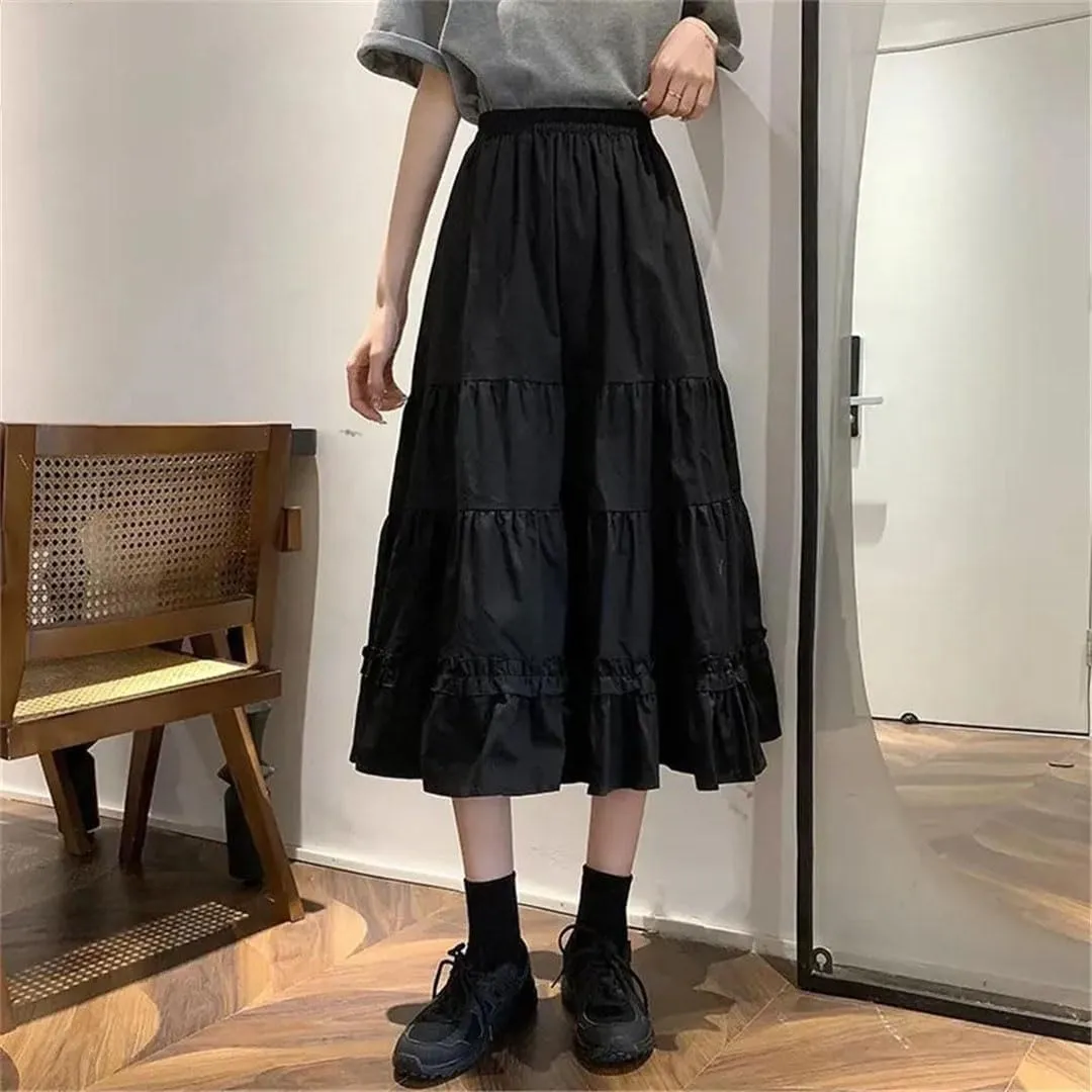 Women Long Pleated Skirt Ruffles Vintage High Waist Midi Skirt Korean Patchwork Streetwear