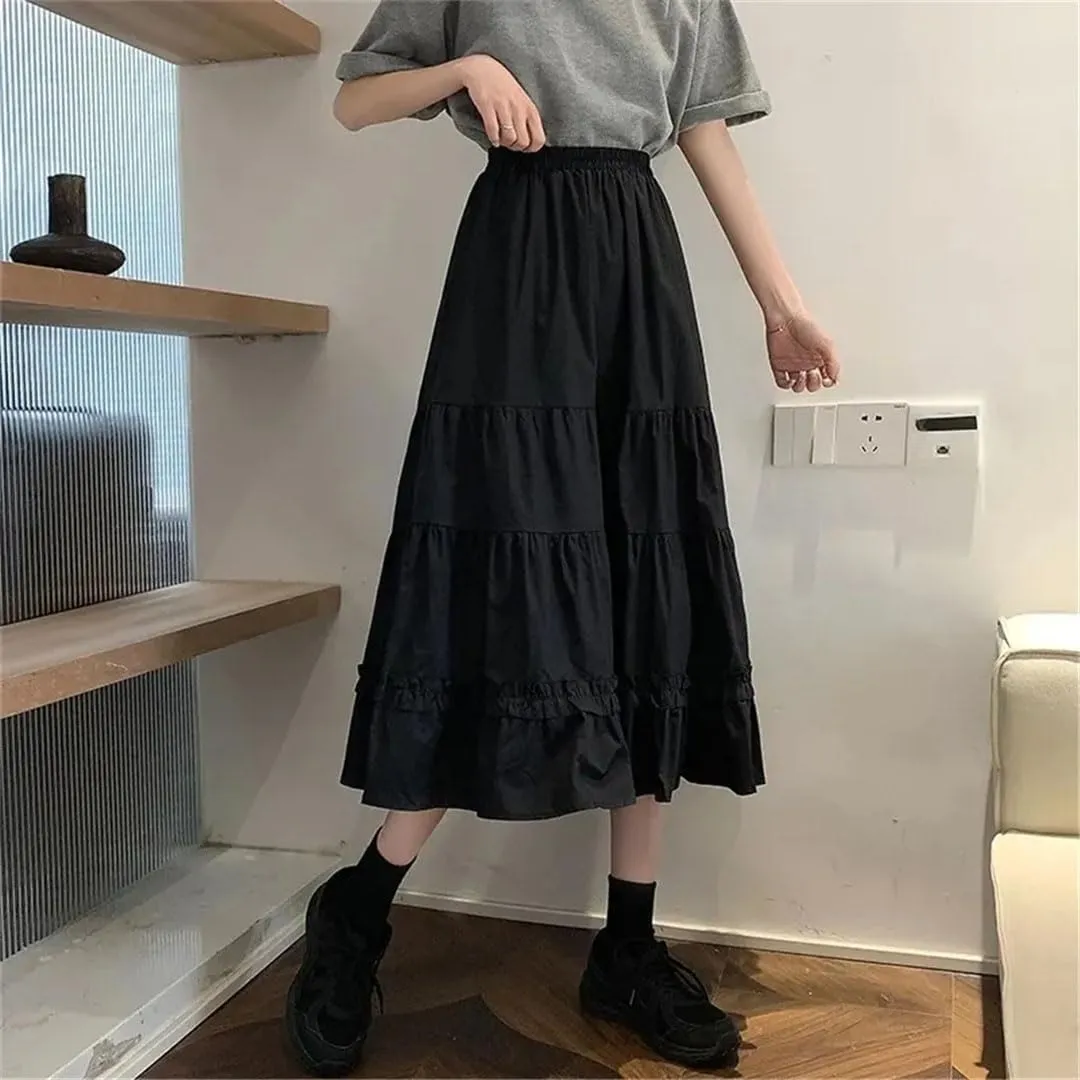 Women Long Pleated Skirt Ruffles Vintage High Waist Midi Skirt Korean Patchwork Streetwear