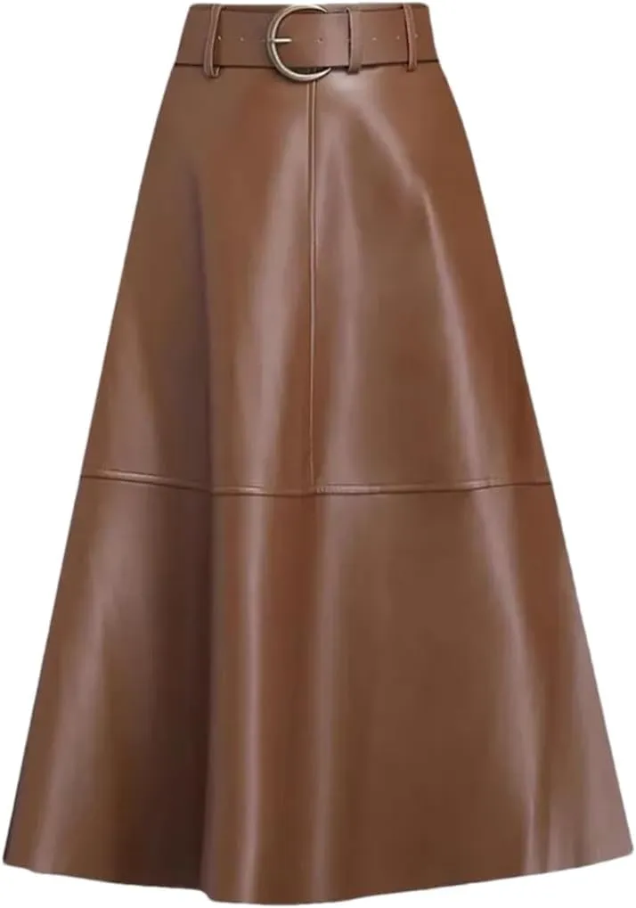 Women PU Leather Midi Skirts A-Line Casual Lady Solid with Belted High Waist Skirt