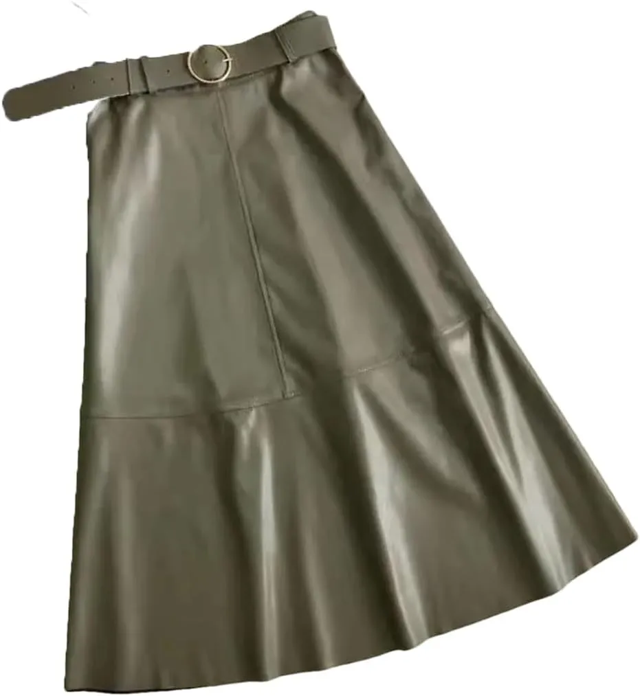 Women PU Leather Midi Skirts A-Line Casual Lady Solid with Belted High Waist Skirt