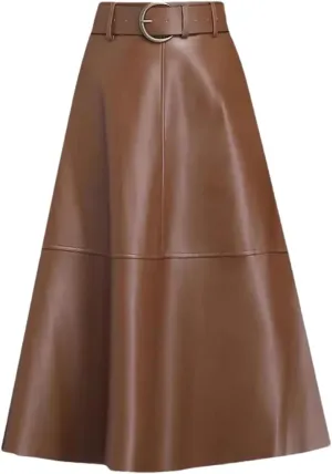 Women PU Leather Midi Skirts A-Line Casual Lady Solid with Belted High Waist Skirt