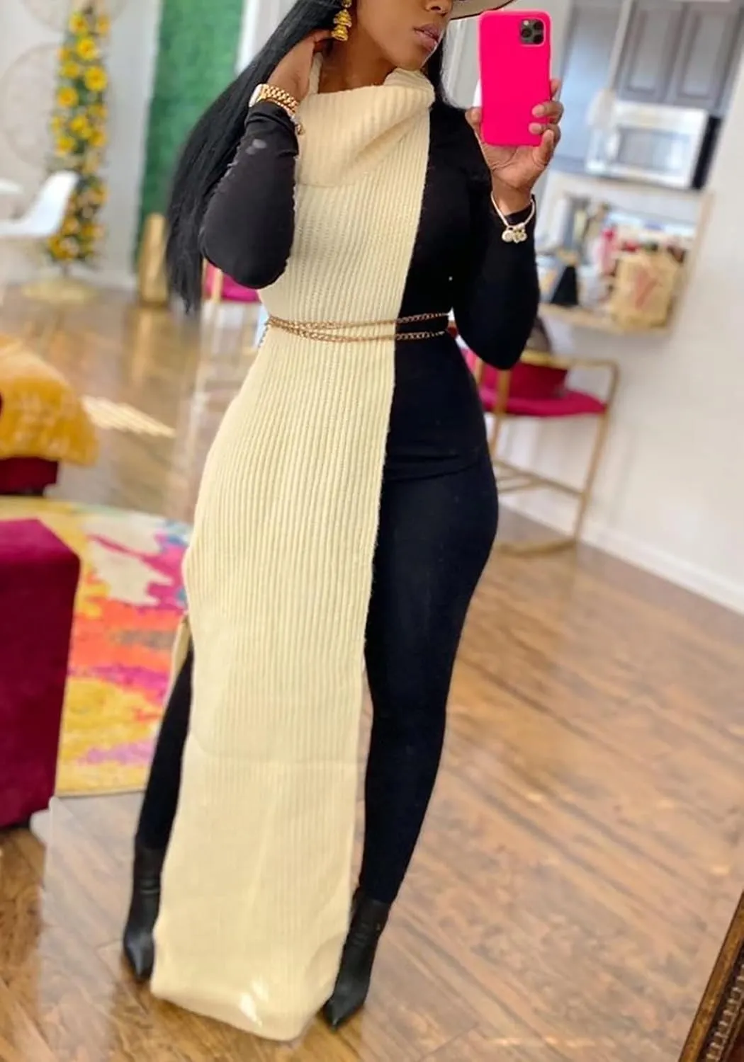 Women Sexy Knitted Turtleneck Side Split Sleeveless Sweater Dress Long Maxi Dresses Pullover Top