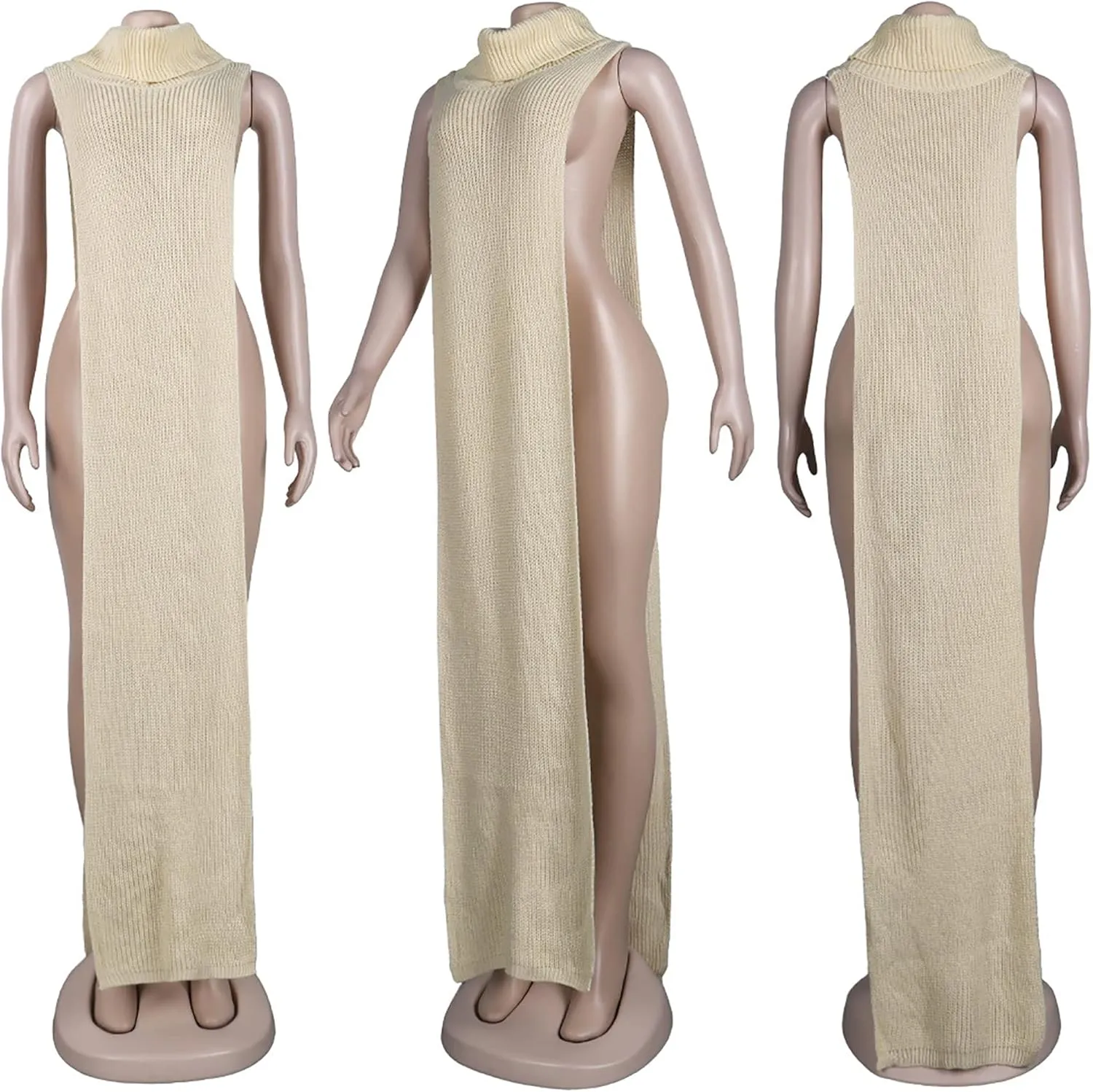 Women Sexy Knitted Turtleneck Side Split Sleeveless Sweater Dress Long Maxi Dresses Pullover Top