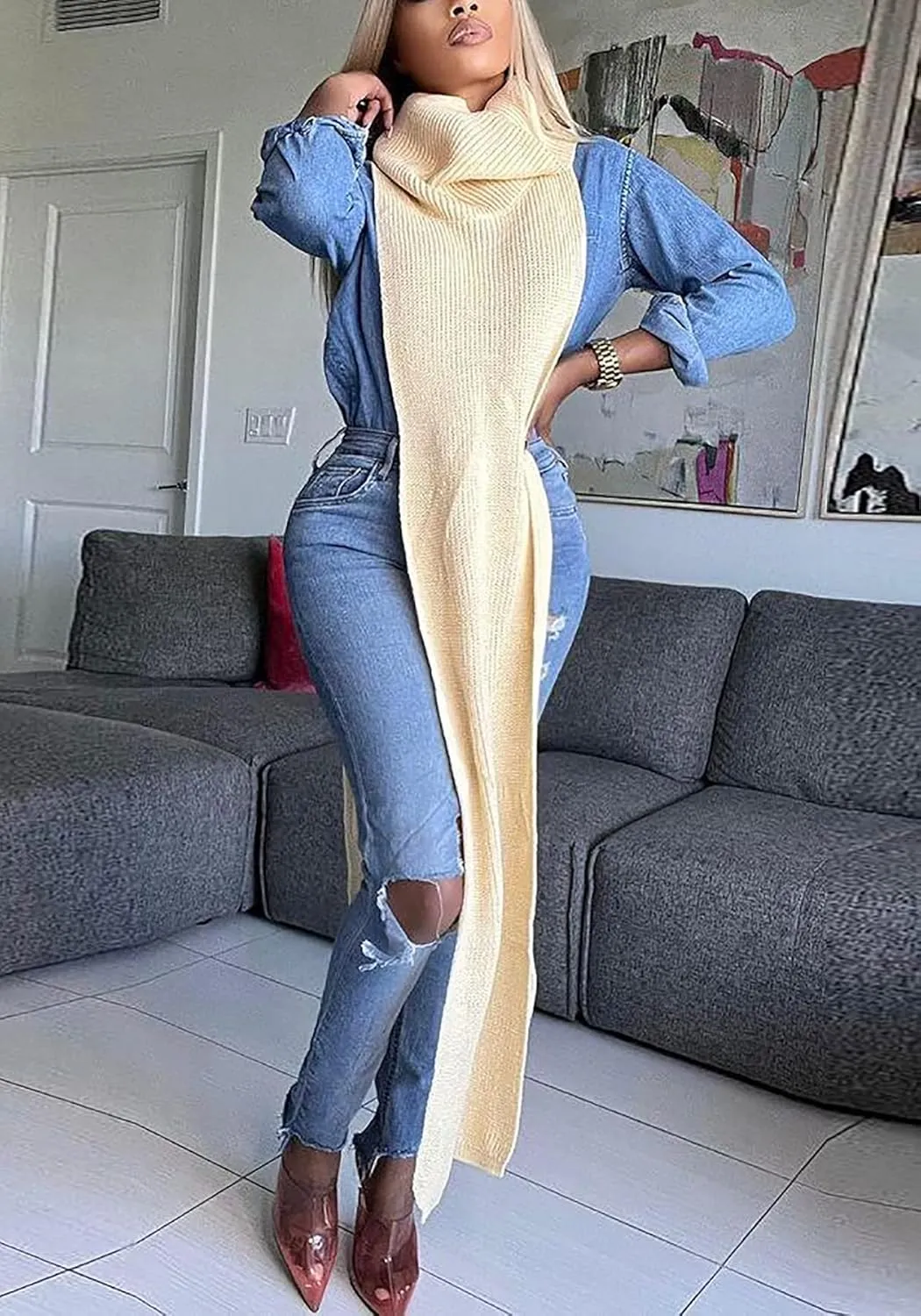Women Sexy Knitted Turtleneck Side Split Sleeveless Sweater Dress Long Maxi Dresses Pullover Top