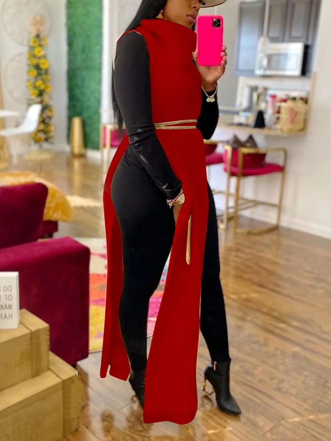 Women Sexy Knitted Turtleneck Side Split Sleeveless Sweater Dress Long Maxi Dresses Pullover Top