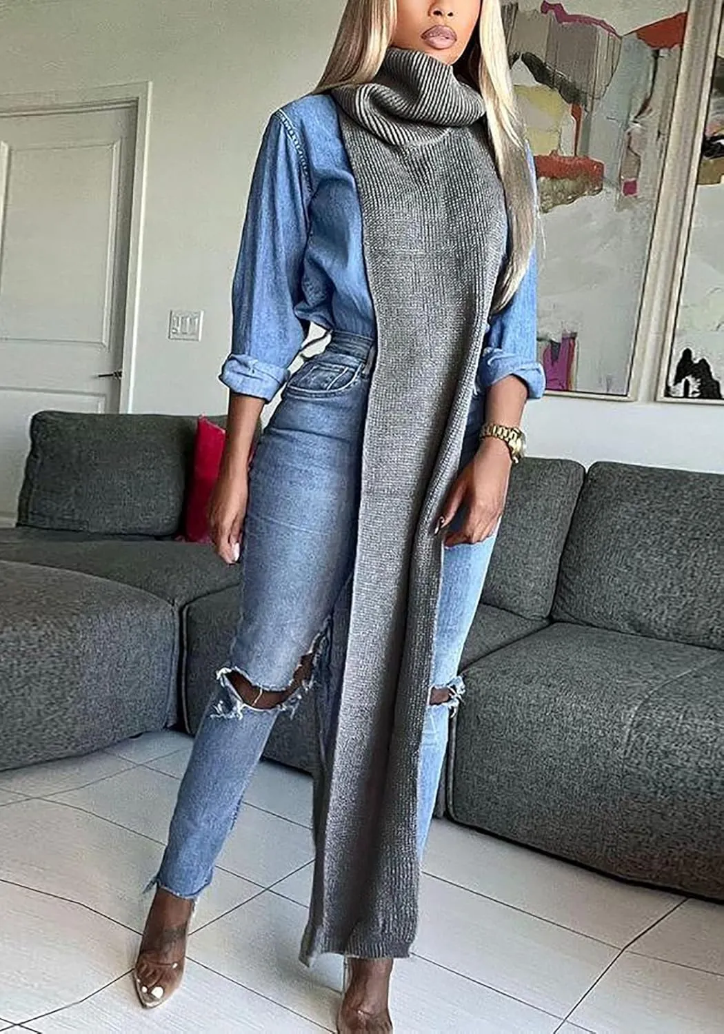 Women Sexy Knitted Turtleneck Side Split Sleeveless Sweater Dress Long Maxi Dresses Pullover Top