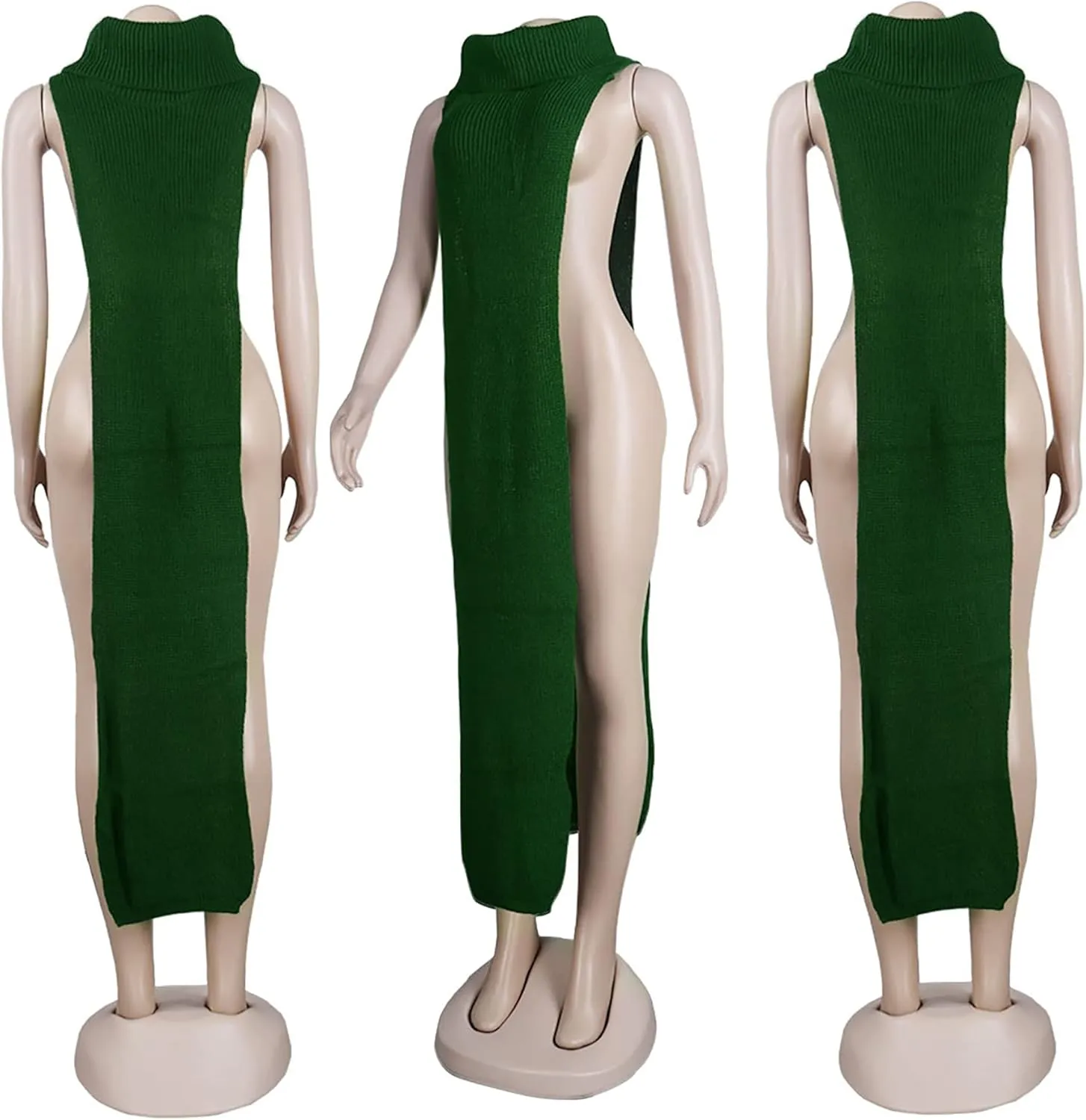 Women Sexy Knitted Turtleneck Side Split Sleeveless Sweater Dress Long Maxi Dresses Pullover Top