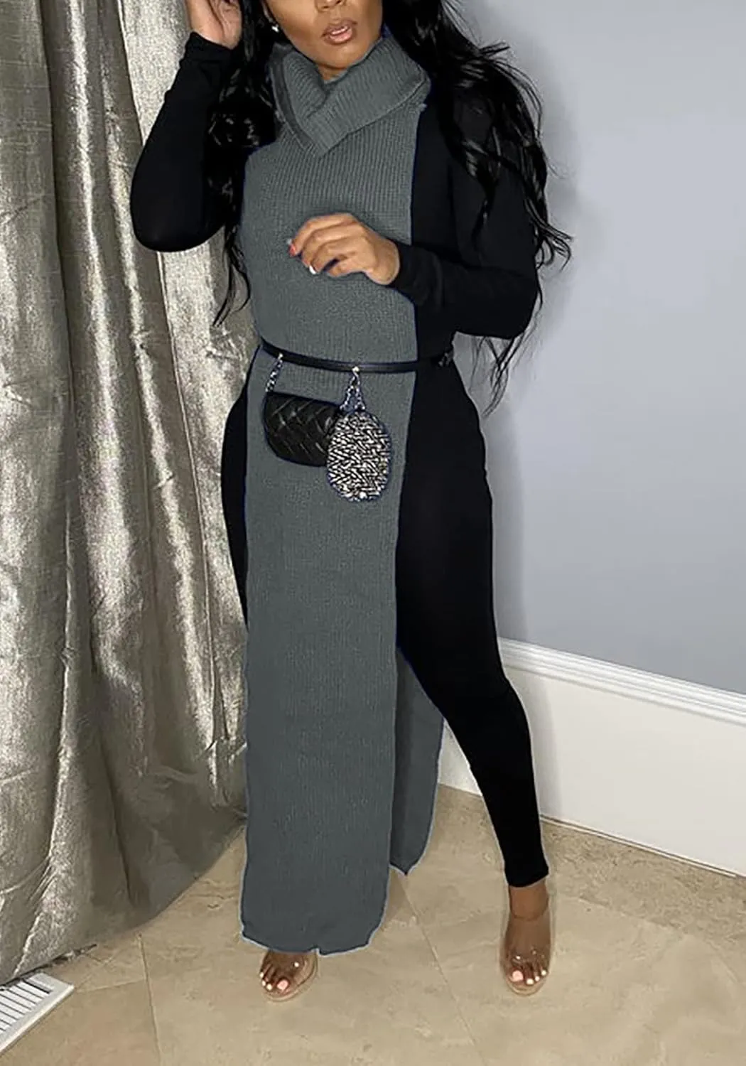 Women Sexy Knitted Turtleneck Side Split Sleeveless Sweater Dress Long Maxi Dresses Pullover Top