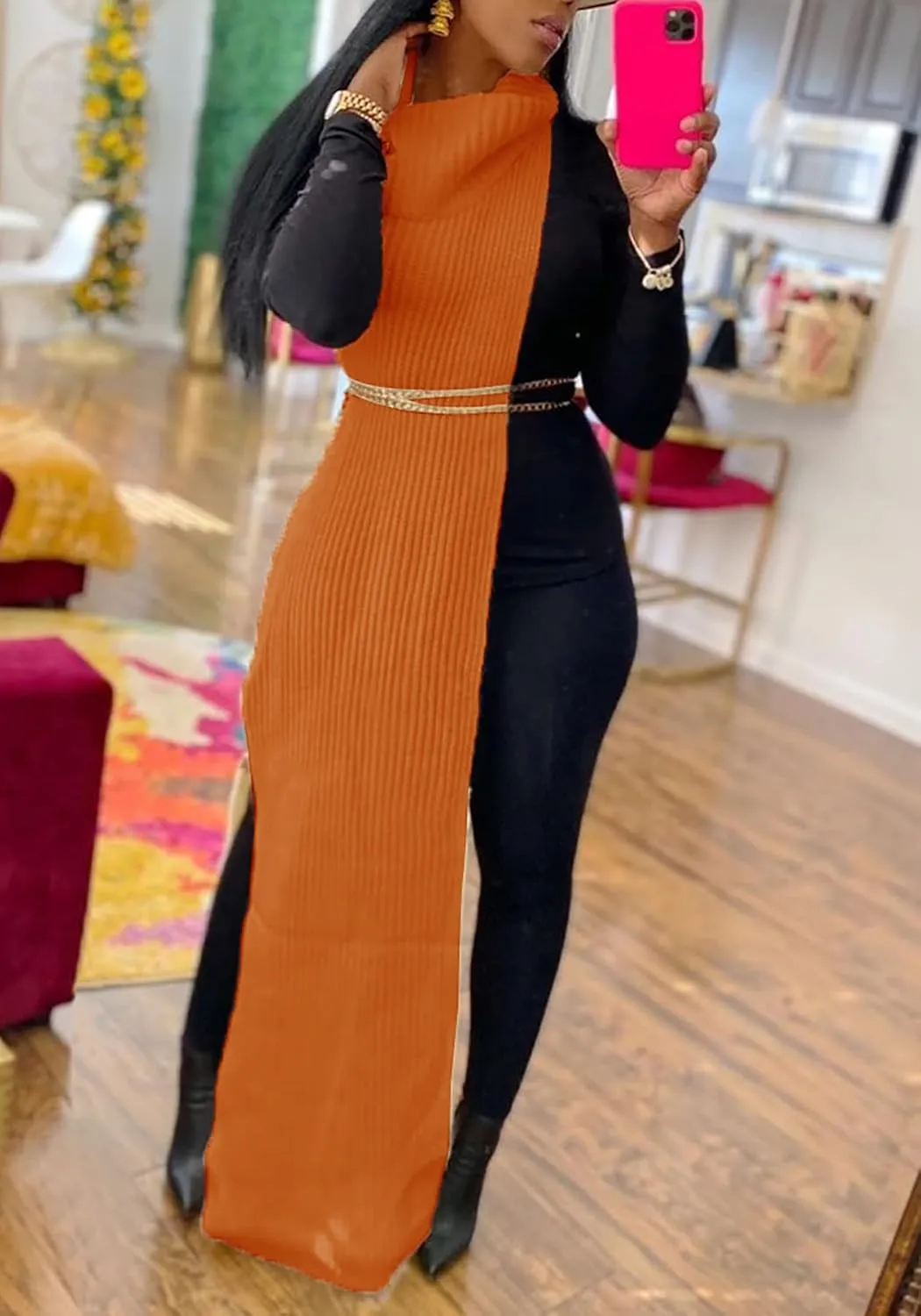 Women Sexy Knitted Turtleneck Side Split Sleeveless Sweater Dress Long Maxi Dresses Pullover Top