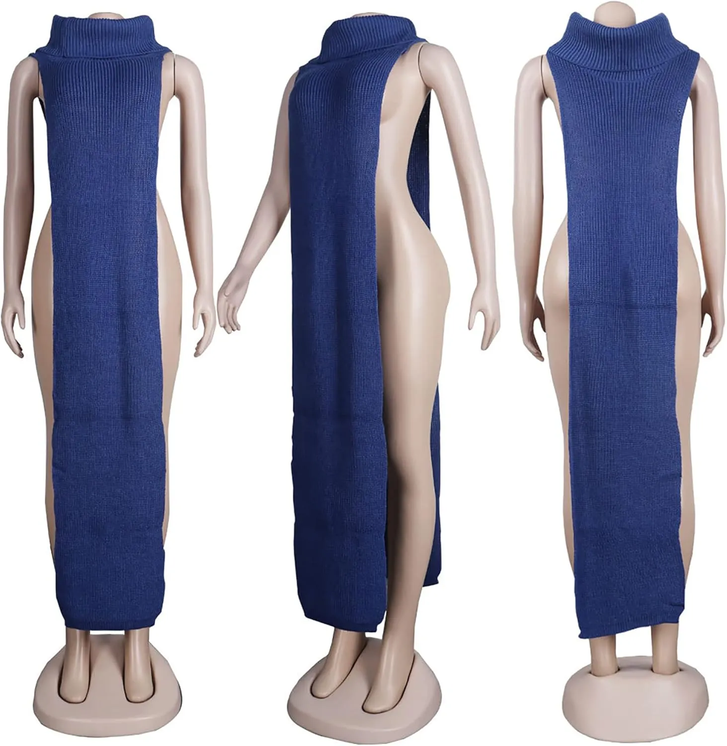 Women Sexy Knitted Turtleneck Side Split Sleeveless Sweater Dress Long Maxi Dresses Pullover Top