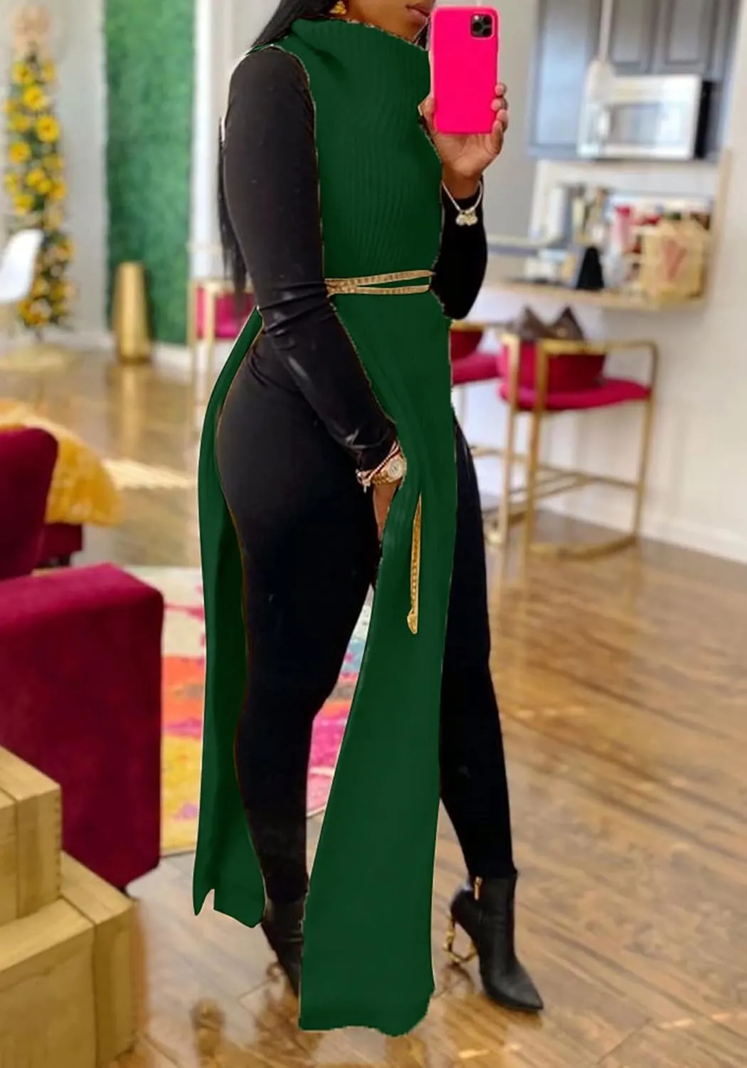 Women Sexy Knitted Turtleneck Side Split Sleeveless Sweater Dress Long Maxi Dresses Pullover Top