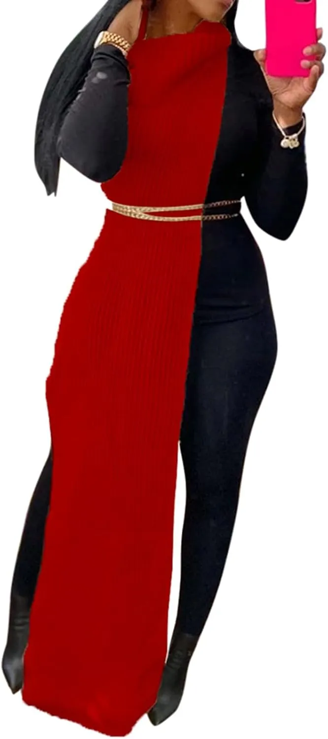 Women Sexy Knitted Turtleneck Side Split Sleeveless Sweater Dress Long Maxi Dresses Pullover Top