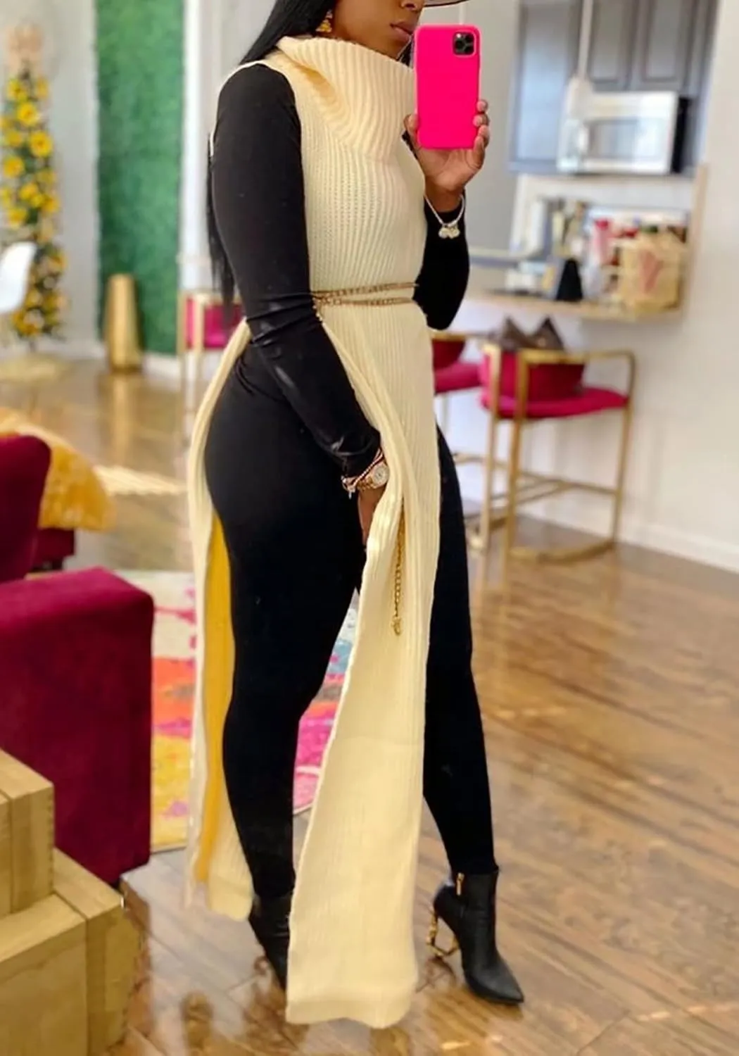 Women Sexy Knitted Turtleneck Side Split Sleeveless Sweater Dress Long Maxi Dresses Pullover Top