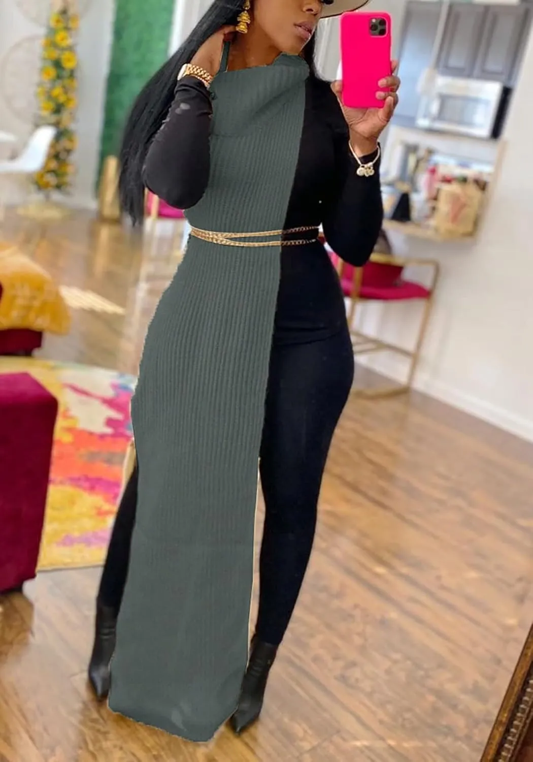 Women Sexy Knitted Turtleneck Side Split Sleeveless Sweater Dress Long Maxi Dresses Pullover Top