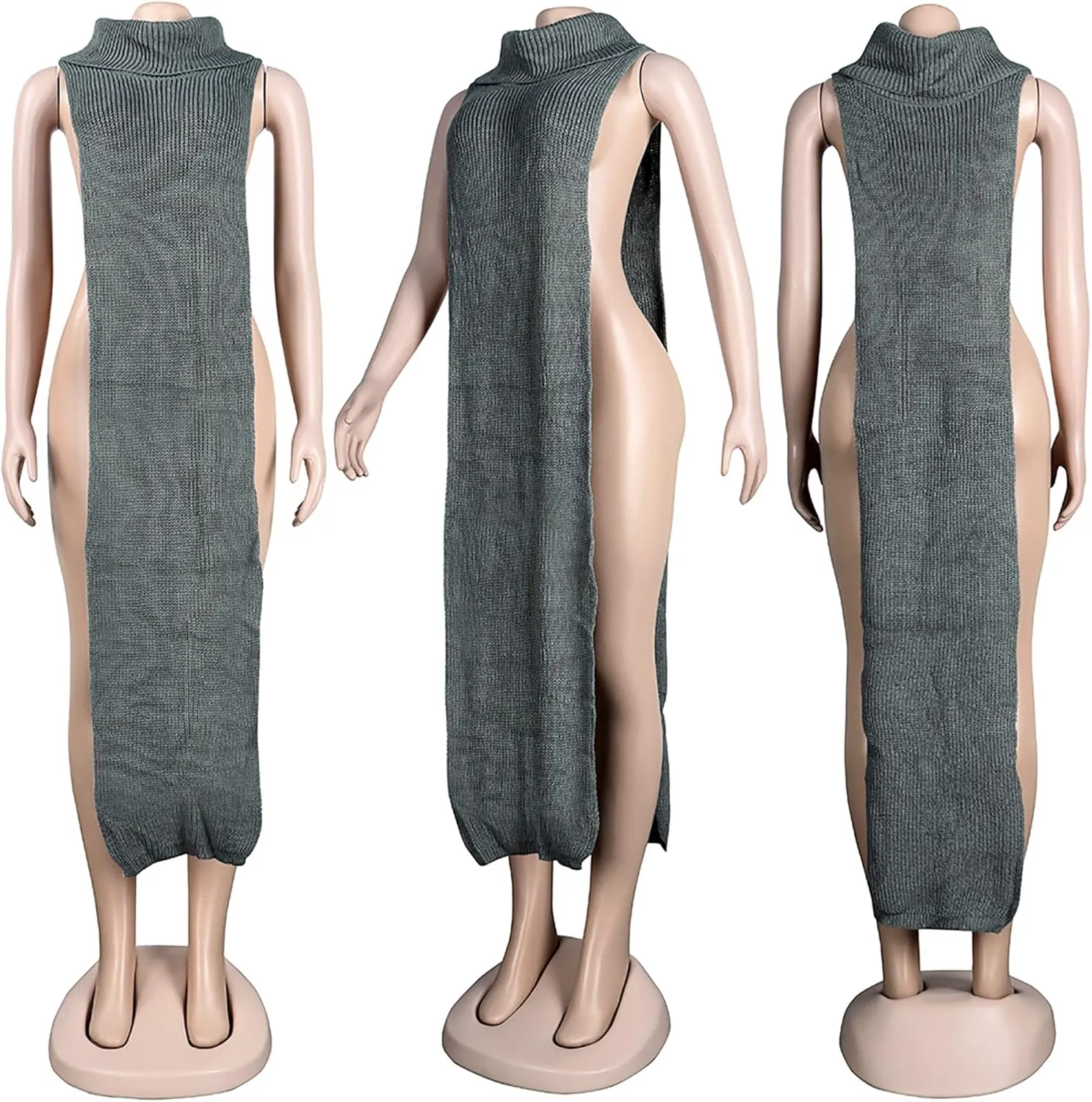 Women Sexy Knitted Turtleneck Side Split Sleeveless Sweater Dress Long Maxi Dresses Pullover Top