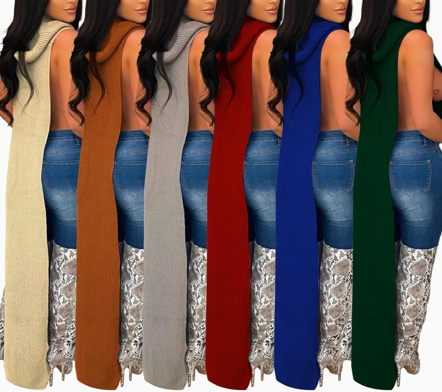 Women Sexy Knitted Turtleneck Side Split Sleeveless Sweater Dress Long Maxi Dresses Pullover Top