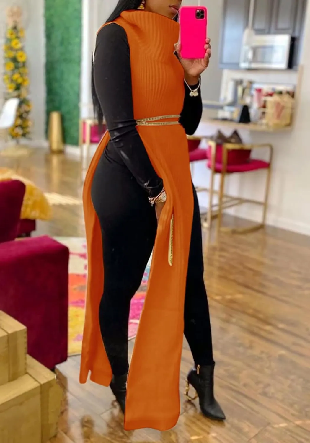 Women Sexy Knitted Turtleneck Side Split Sleeveless Sweater Dress Long Maxi Dresses Pullover Top