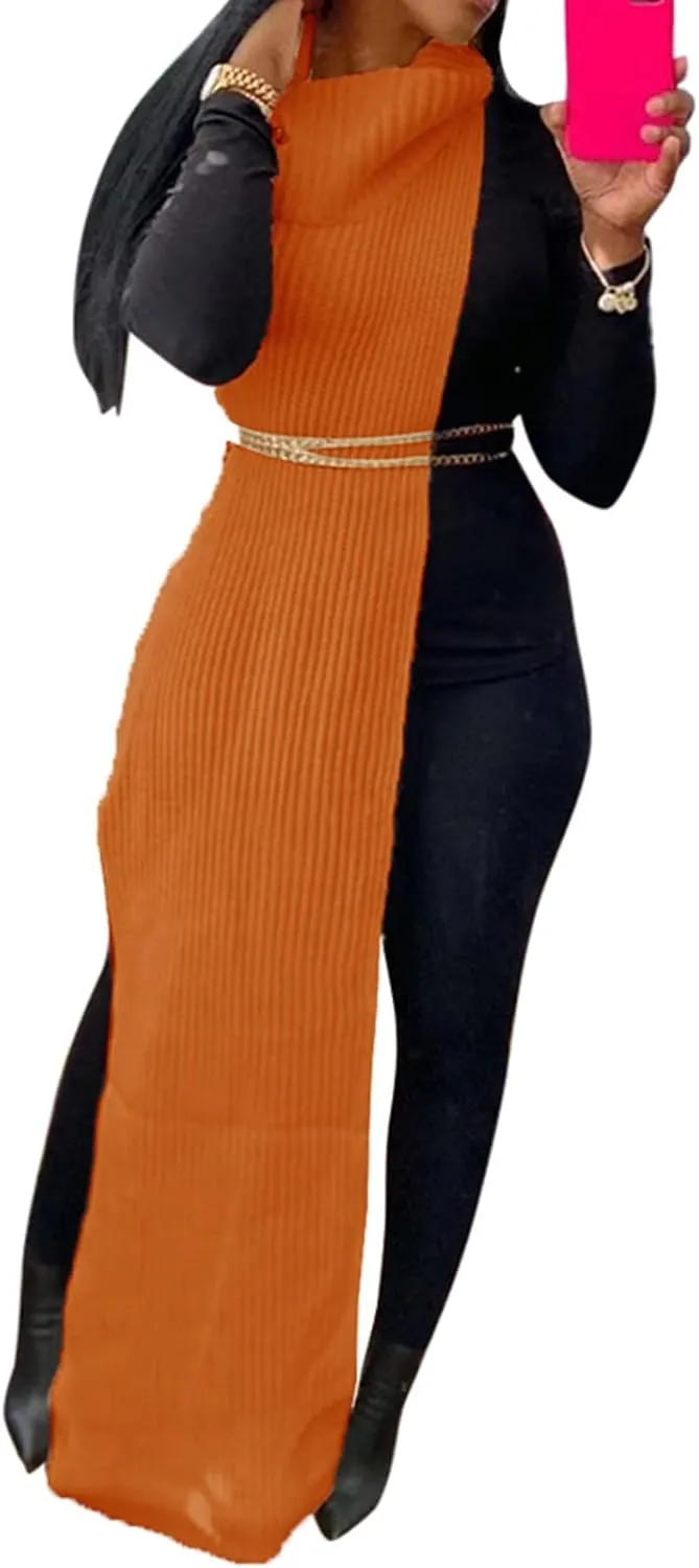 Women Sexy Knitted Turtleneck Side Split Sleeveless Sweater Dress Long Maxi Dresses Pullover Top