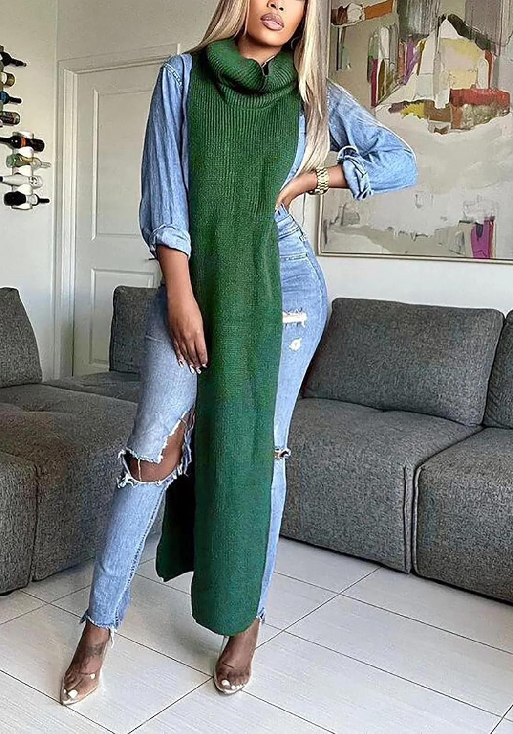 Women Sexy Knitted Turtleneck Side Split Sleeveless Sweater Dress Long Maxi Dresses Pullover Top