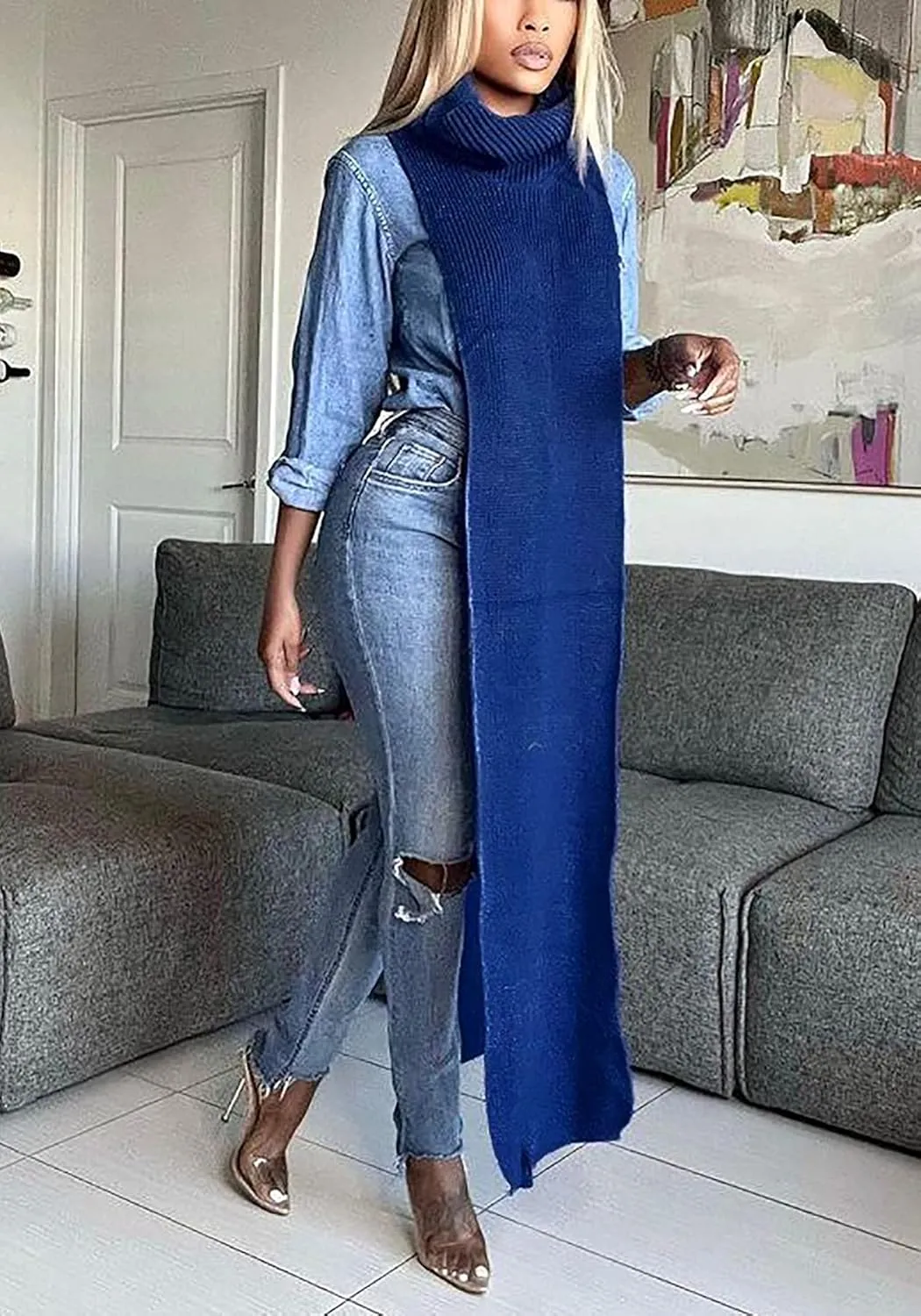 Women Sexy Knitted Turtleneck Side Split Sleeveless Sweater Dress Long Maxi Dresses Pullover Top
