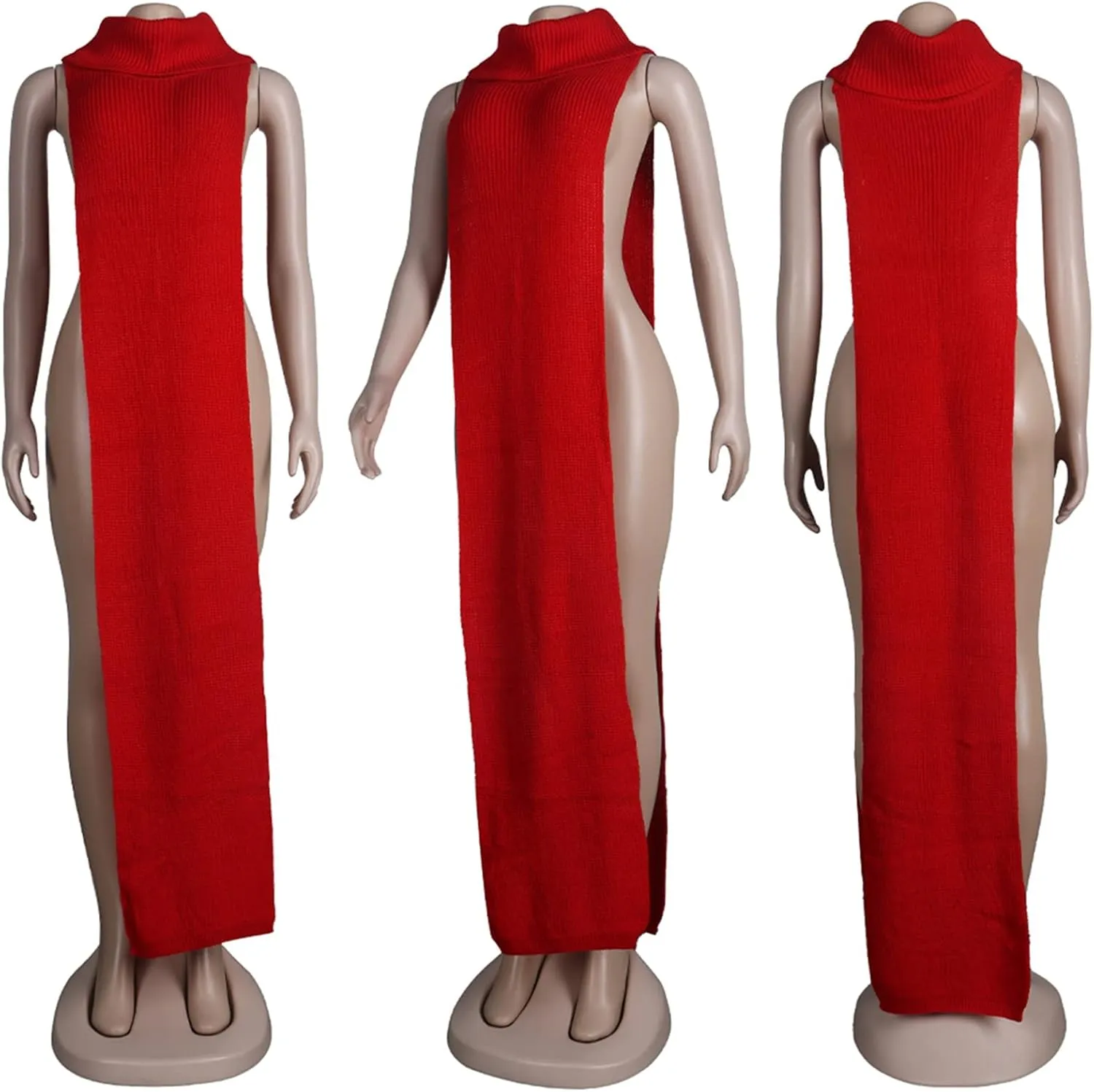 Women Sexy Knitted Turtleneck Side Split Sleeveless Sweater Dress Long Maxi Dresses Pullover Top
