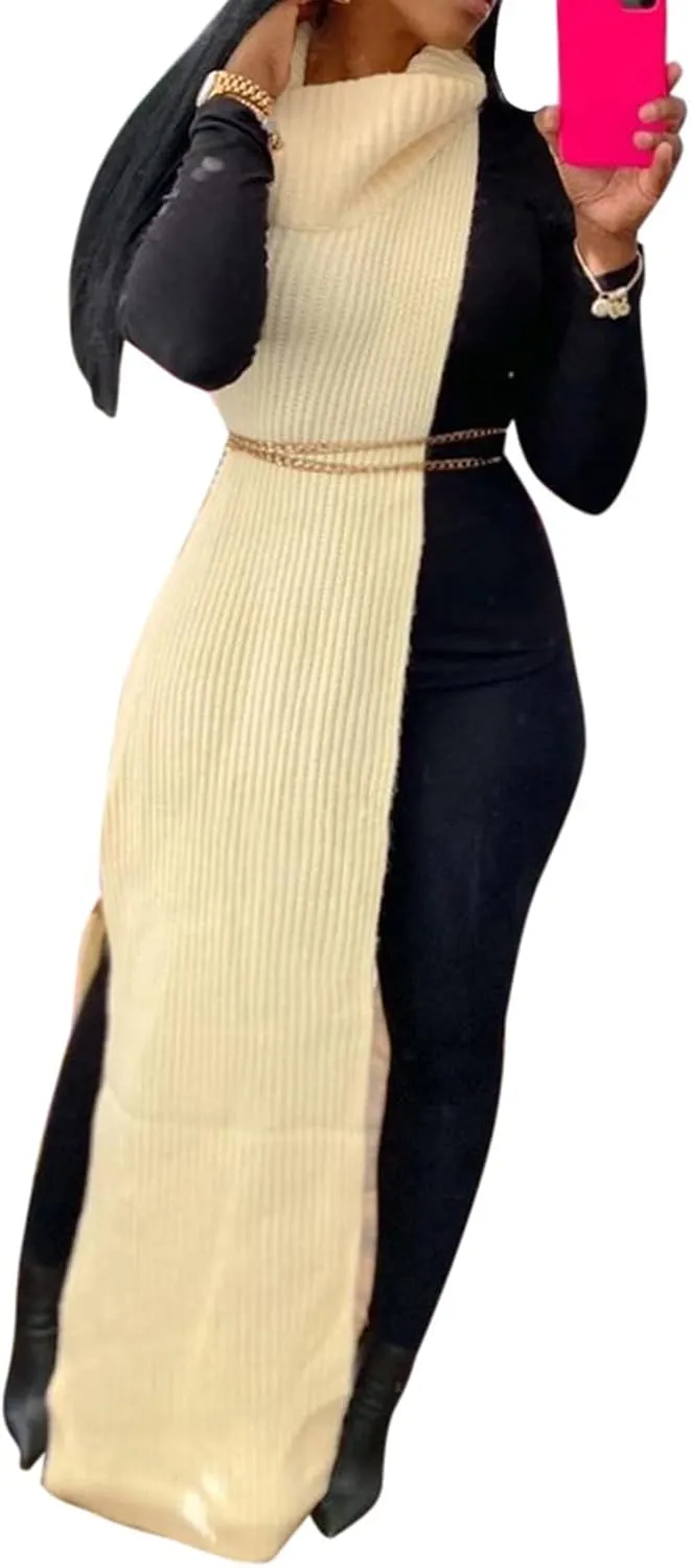 Women Sexy Knitted Turtleneck Side Split Sleeveless Sweater Dress Long Maxi Dresses Pullover Top