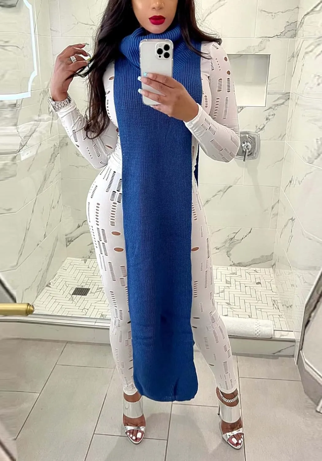 Women Sexy Knitted Turtleneck Side Split Sleeveless Sweater Dress Long Maxi Dresses Pullover Top