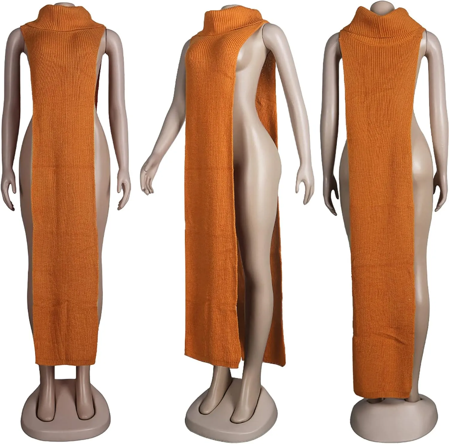 Women Sexy Knitted Turtleneck Side Split Sleeveless Sweater Dress Long Maxi Dresses Pullover Top