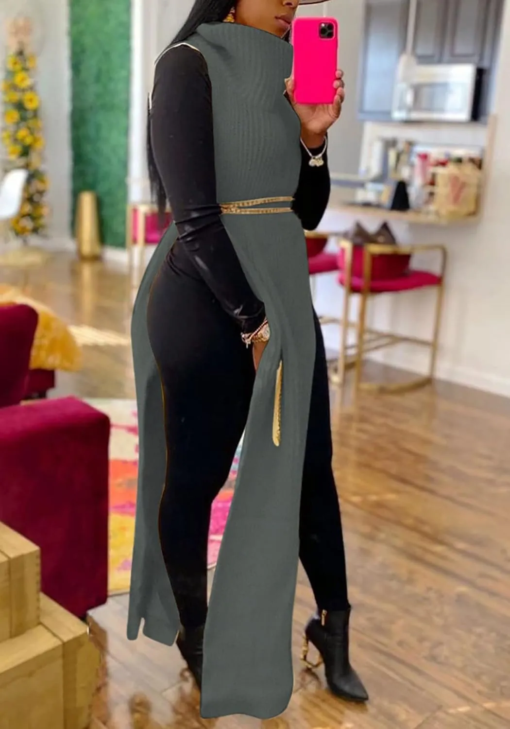 Women Sexy Knitted Turtleneck Side Split Sleeveless Sweater Dress Long Maxi Dresses Pullover Top