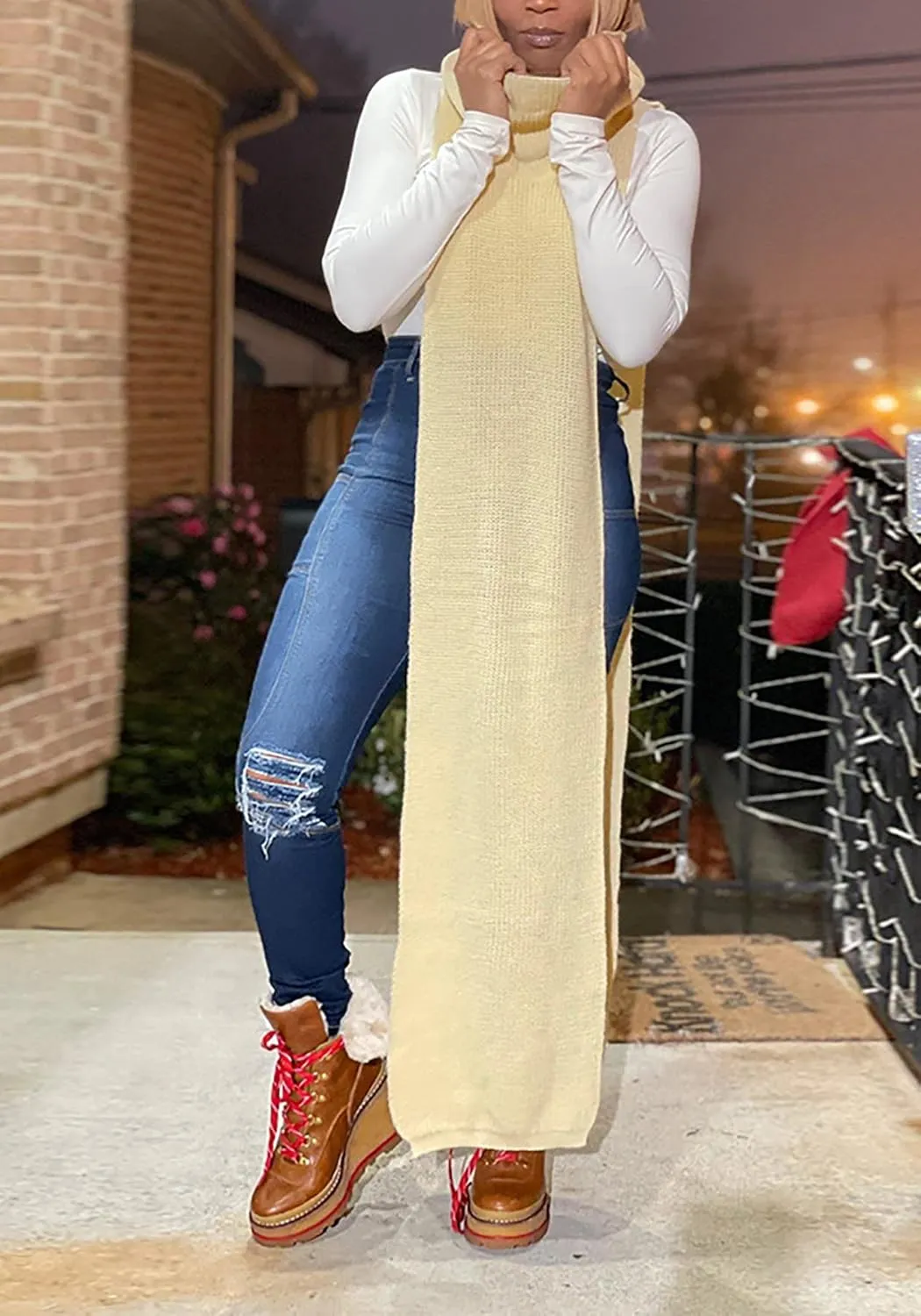 Women Sexy Knitted Turtleneck Side Split Sleeveless Sweater Dress Long Maxi Dresses Pullover Top
