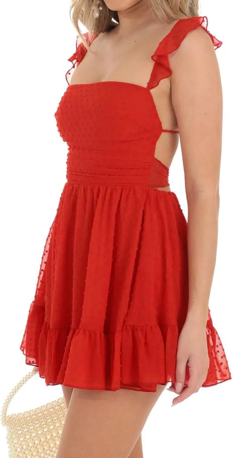 Women Spaghetti Strap Mini Dress Low Cut Sleeveeless Short Dress Backless Going Out Ruffle Cute Winter Dresses