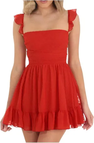 Women Spaghetti Strap Mini Dress Low Cut Sleeveeless Short Dress Backless Going Out Ruffle Cute Winter Dresses