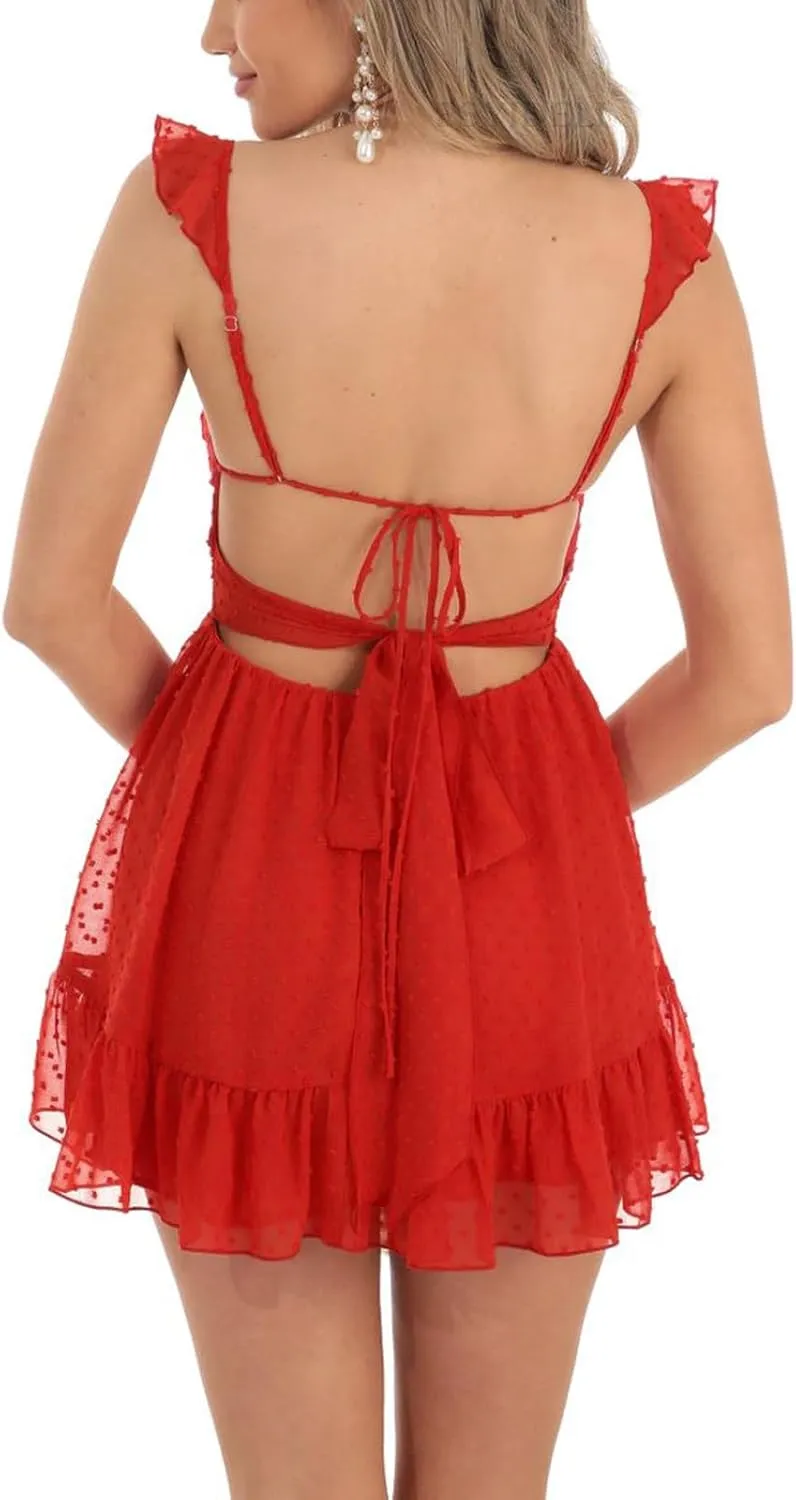 Women Spaghetti Strap Mini Dress Low Cut Sleeveeless Short Dress Backless Going Out Ruffle Cute Winter Dresses