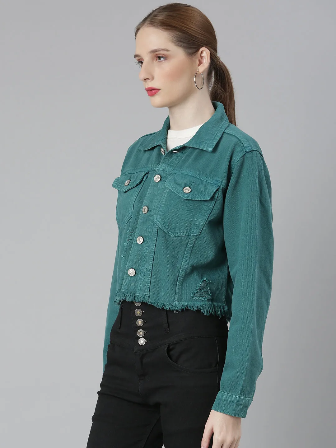 Women Teal Spread Collar Distressed Crop Denim Jacket