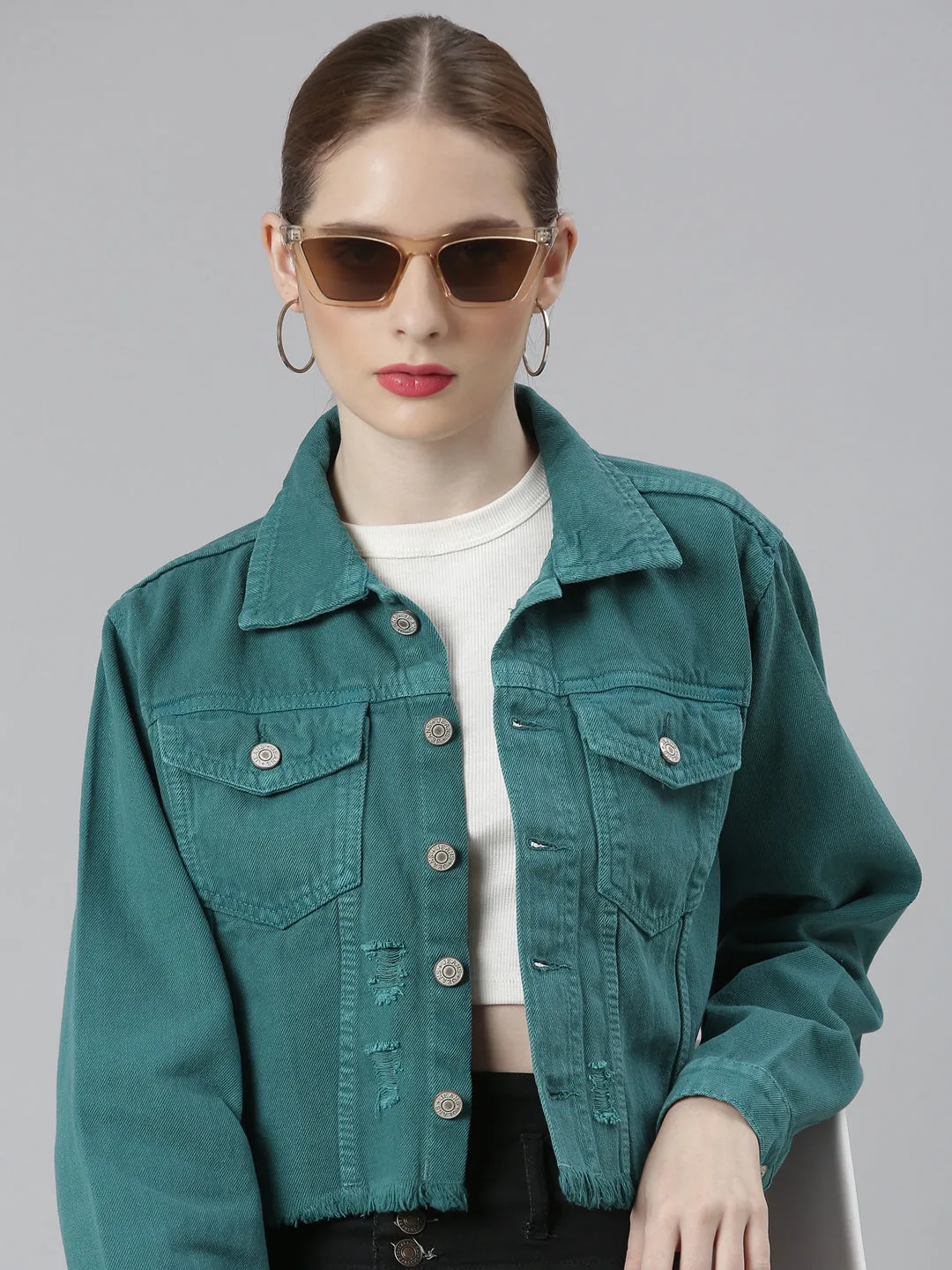Women Teal Spread Collar Distressed Crop Denim Jacket