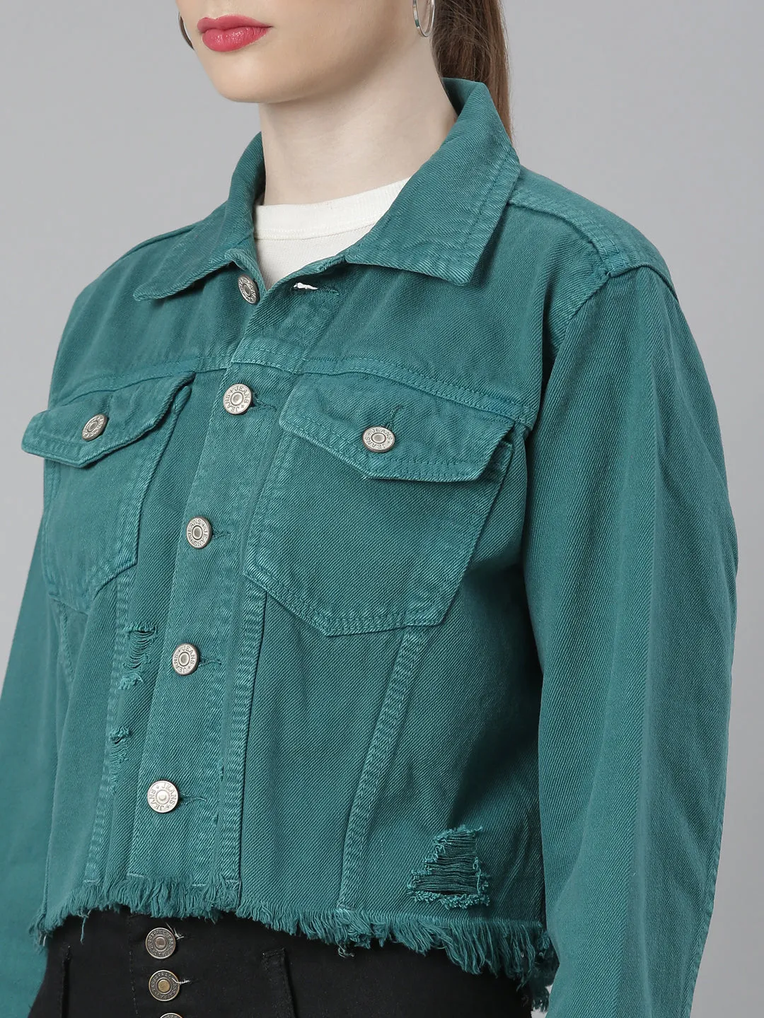 Women Teal Spread Collar Distressed Crop Denim Jacket