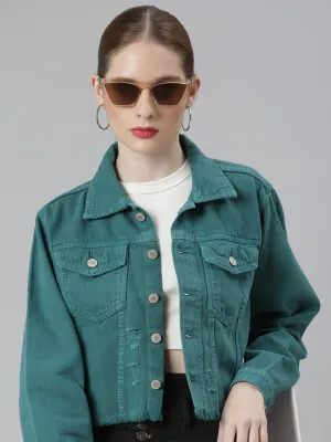 Women Teal Spread Collar Distressed Crop Denim Jacket