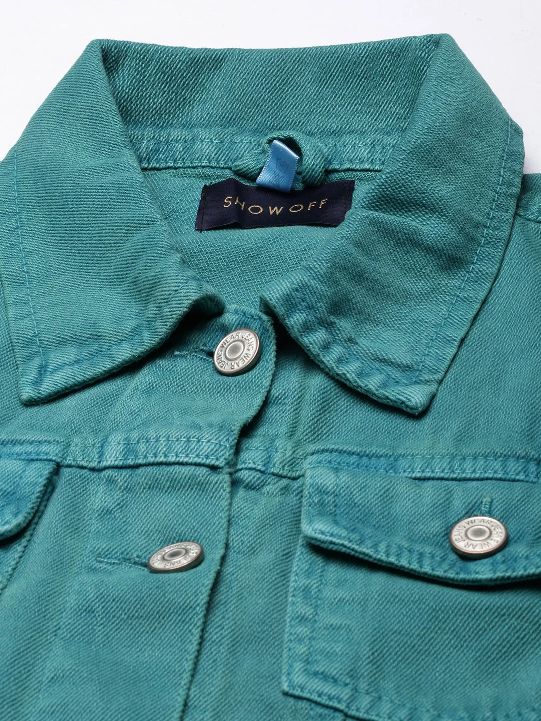 Women Teal Spread Collar Distressed Crop Denim Jacket