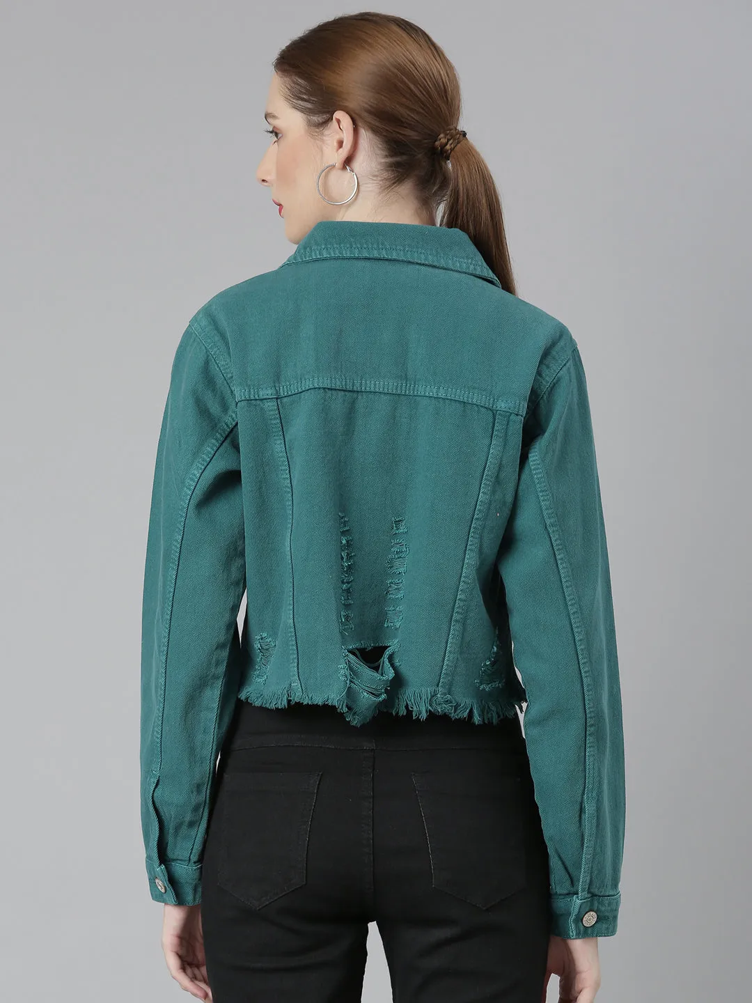 Women Teal Spread Collar Distressed Crop Denim Jacket