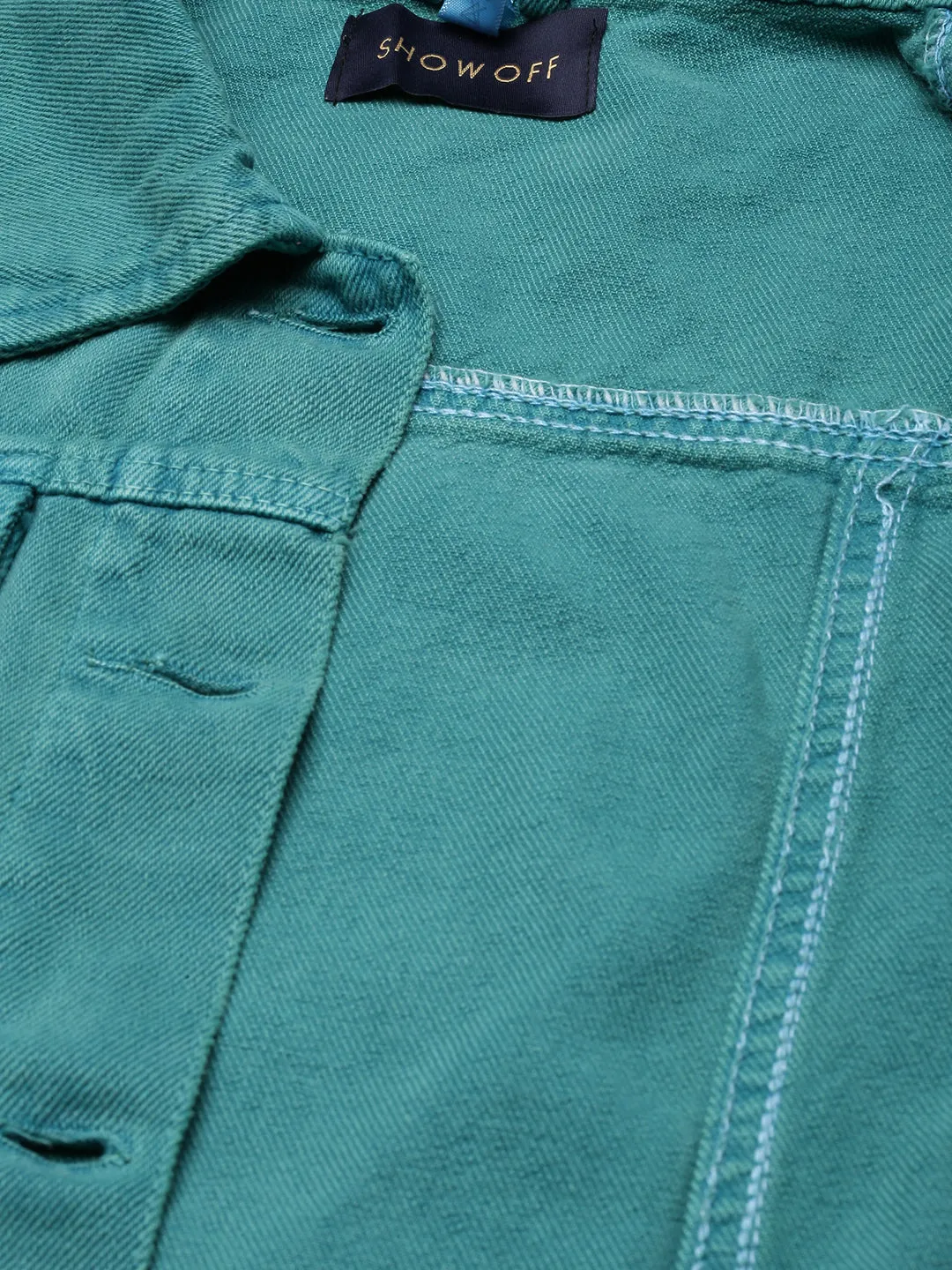 Women Teal Spread Collar Distressed Crop Denim Jacket
