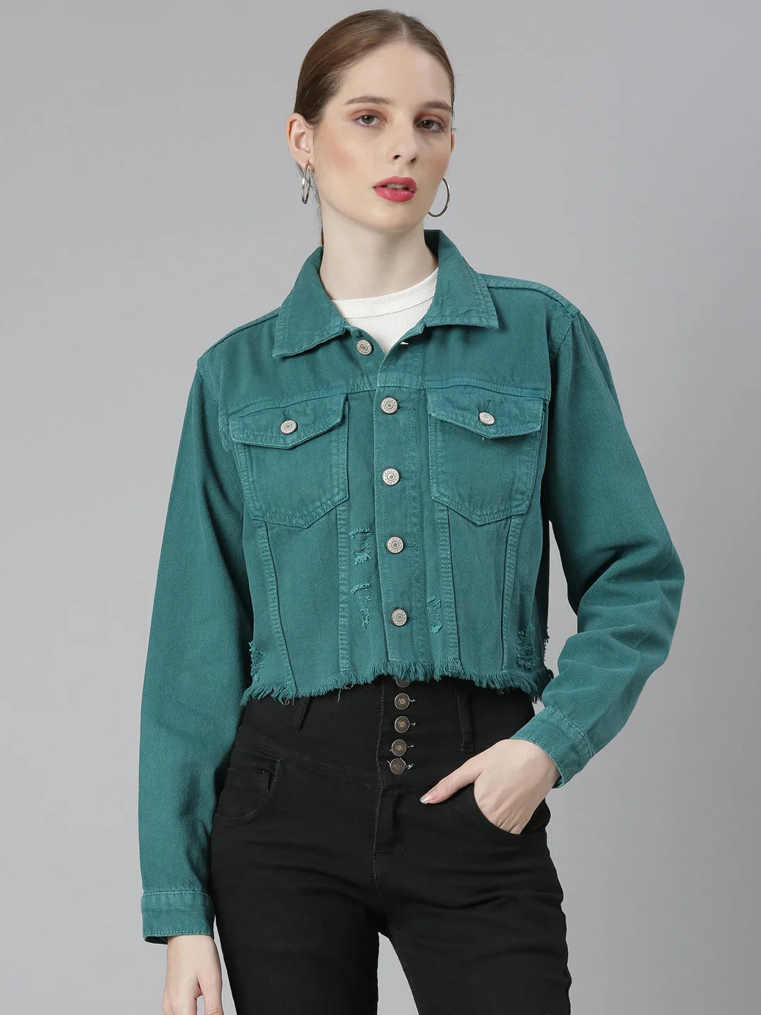 Women Teal Spread Collar Distressed Crop Denim Jacket