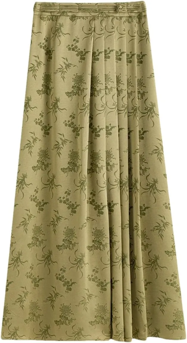 Women Textured Midi Long Skirt Chinese Style Asymmetrical Office Casual Pleated Skirts