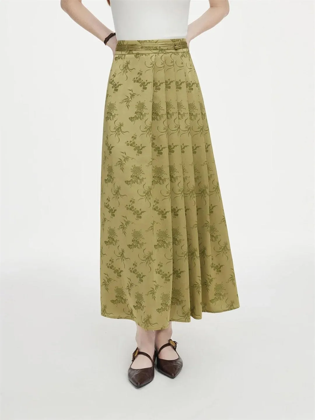 Women Textured Midi Long Skirt Chinese Style Asymmetrical Office Casual Pleated Skirts
