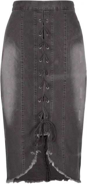 Womens Denim Midi Skirts Fashion Bandage Retro Ripped Hem Bodycon Pencil Skirts 2025 Summer Trendy