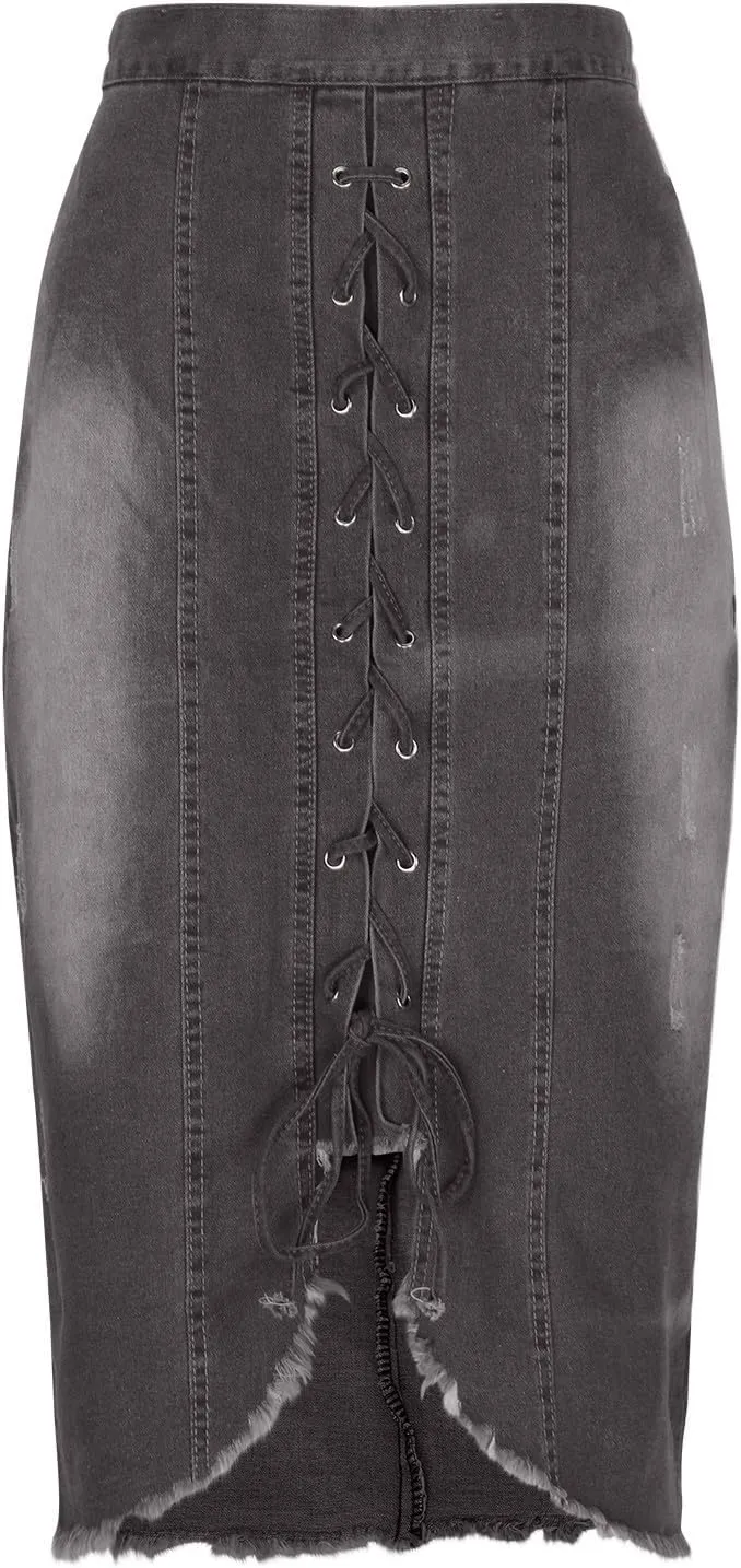Womens Denim Midi Skirts Fashion Bandage Retro Ripped Hem Bodycon Pencil Skirts 2025 Summer Trendy