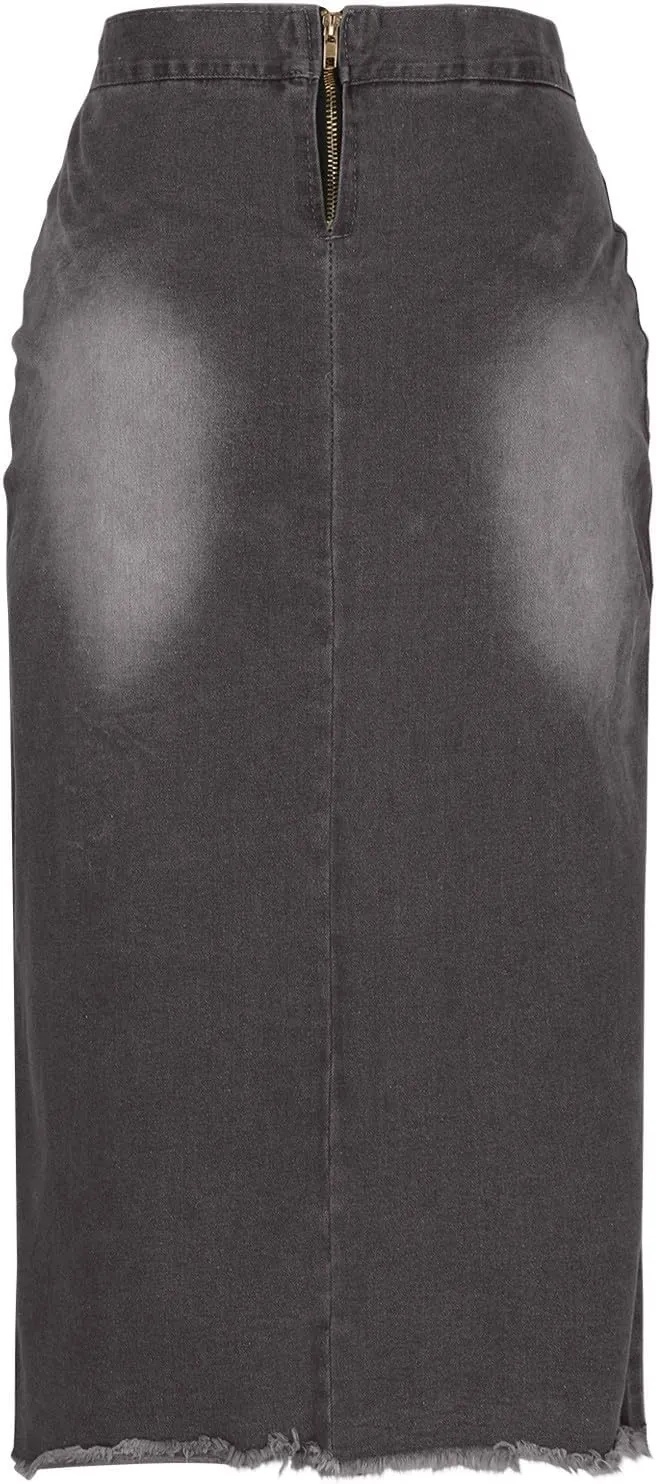 Womens Denim Midi Skirts Fashion Bandage Retro Ripped Hem Bodycon Pencil Skirts 2025 Summer Trendy