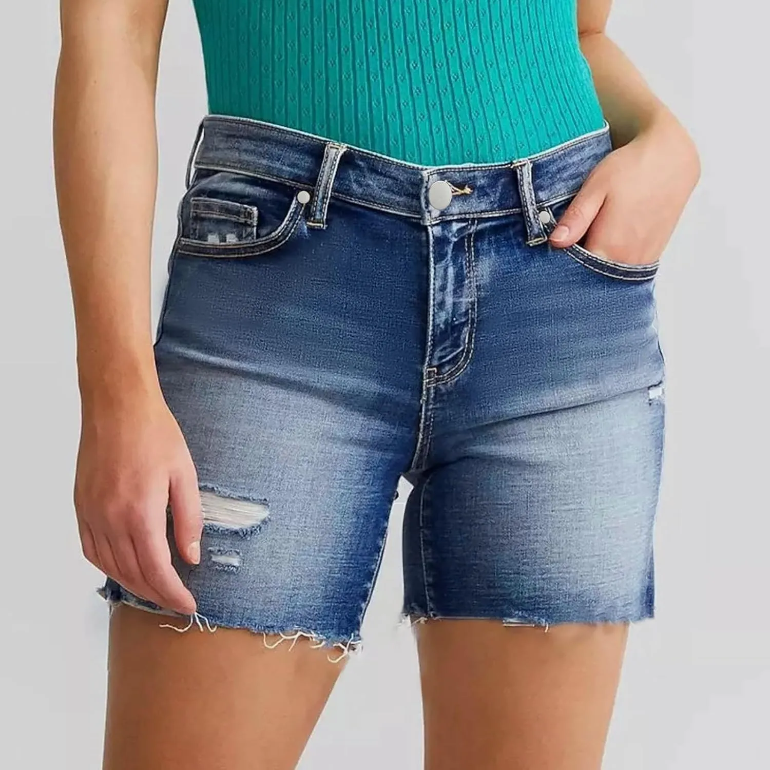 Womens Denim Short Trendy Summer Elastic High Waisted Stretchy Skinny Casual Girls Long Ripped Raw Hem Jean Shorts
