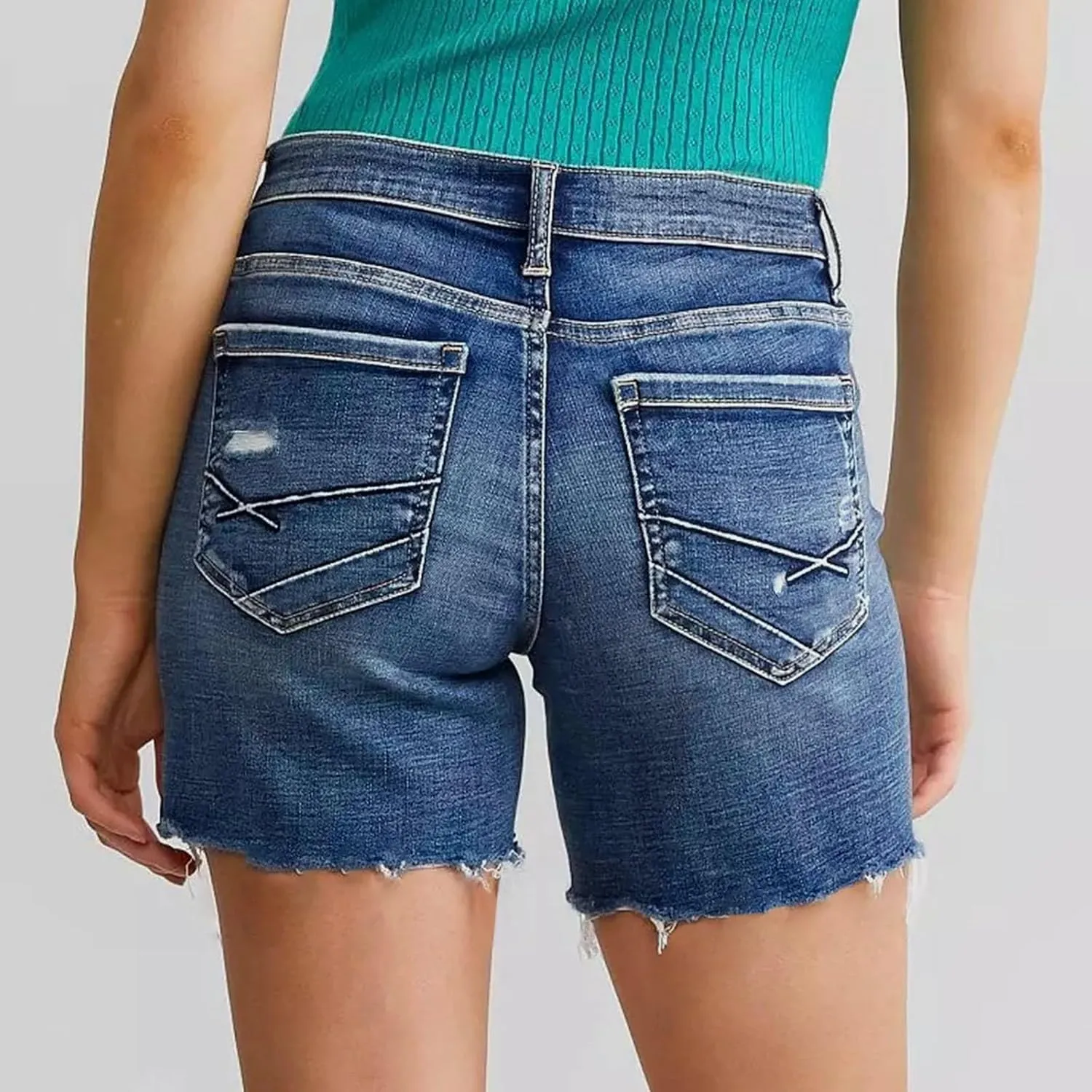 Womens Denim Short Trendy Summer Elastic High Waisted Stretchy Skinny Casual Girls Long Ripped Raw Hem Jean Shorts