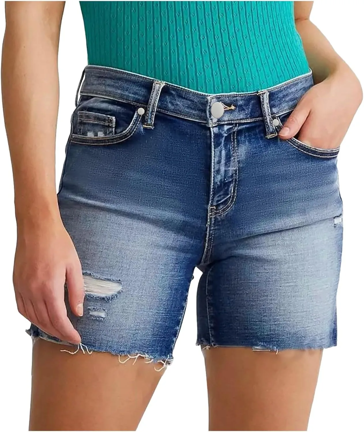 Womens Denim Short Trendy Summer Elastic High Waisted Stretchy Skinny Casual Girls Long Ripped Raw Hem Jean Shorts