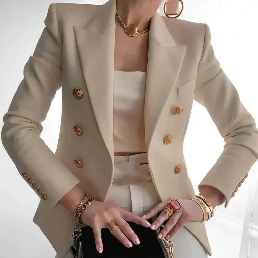 Women's Double-Breasted Blazer | Elegant Gold Button Design